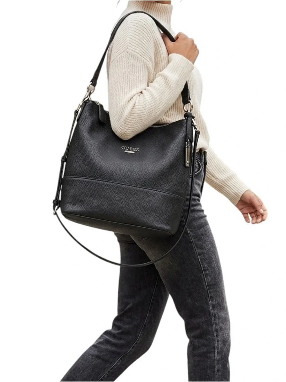 GUESS Black Pebbled Leather Hobo Shoulder Bag with Silver Hardware - Picture 4 of 17